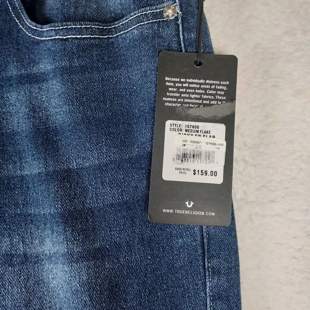 True Religion Ricky Relaxed Straight Jeans Medium Flake Blue Denim 34x34 NWT